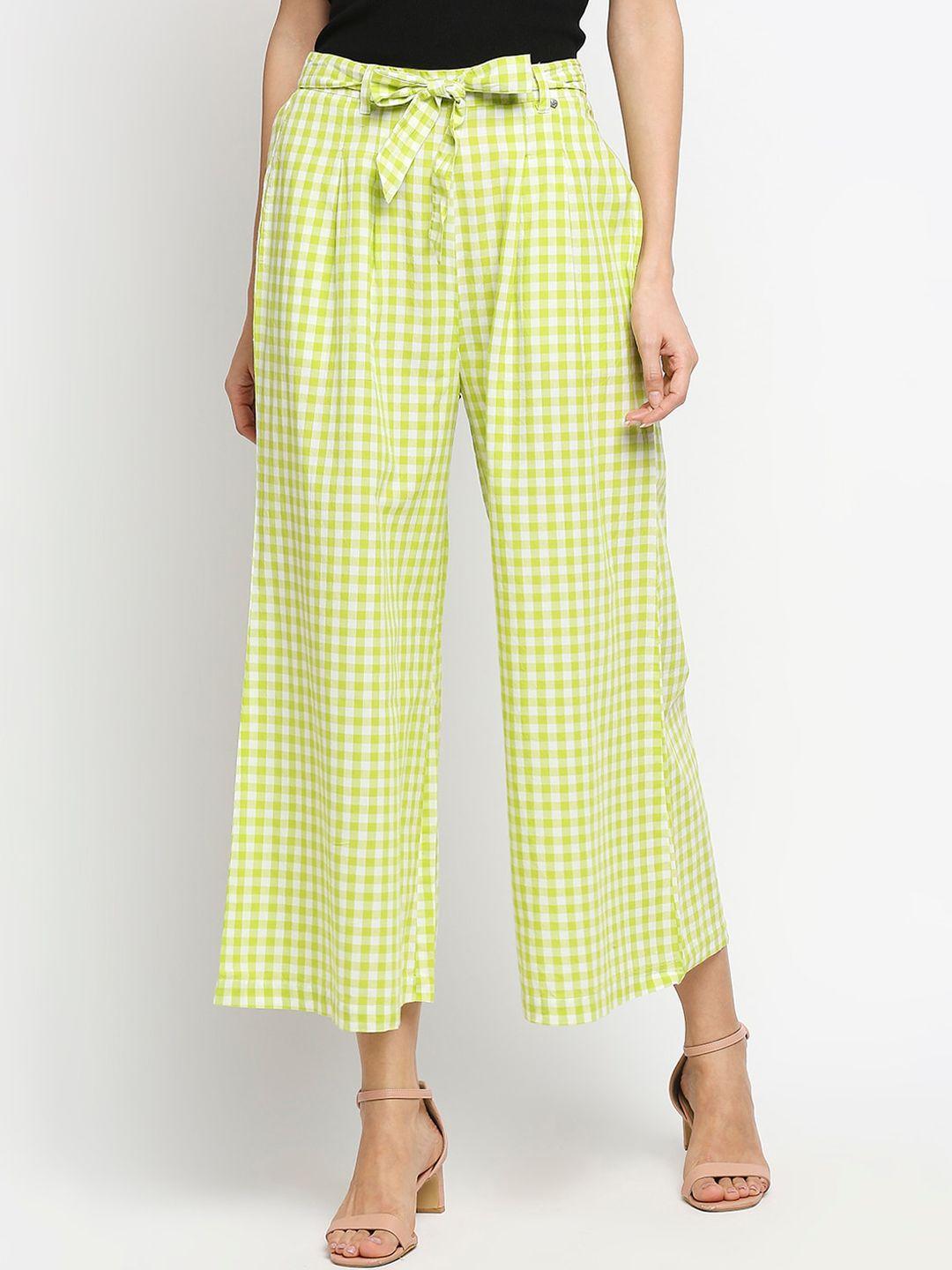 spykar women lime green checked flared low-rise trousers