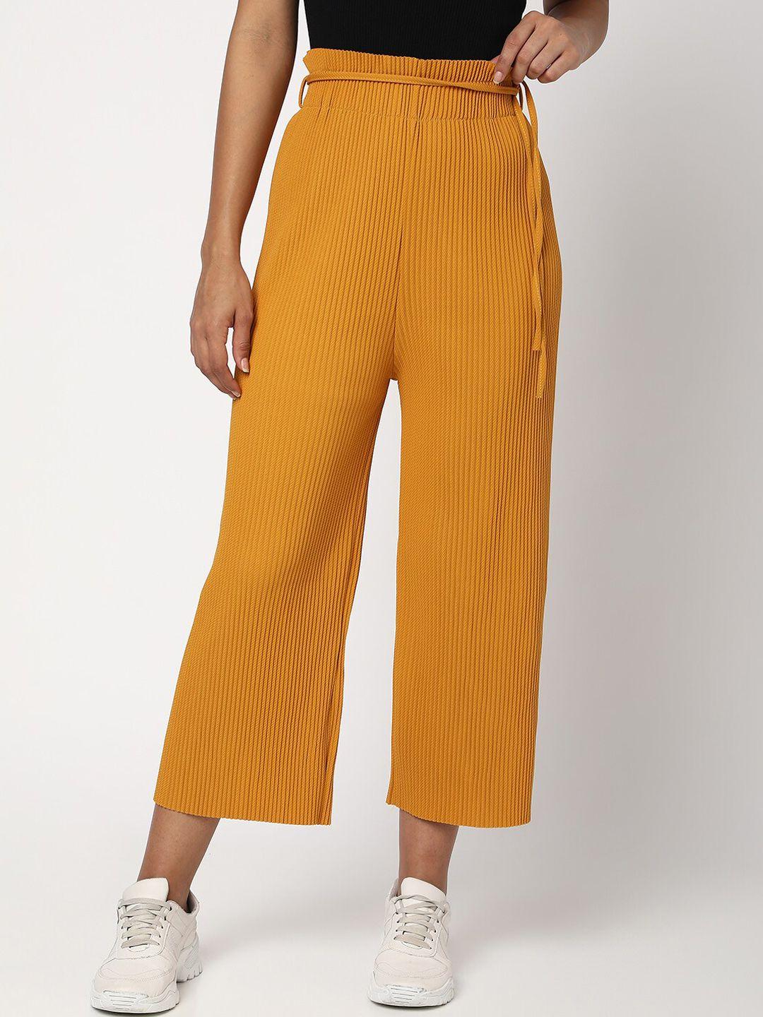 spykar women mustard yellow loose fit pleated cotton trousers