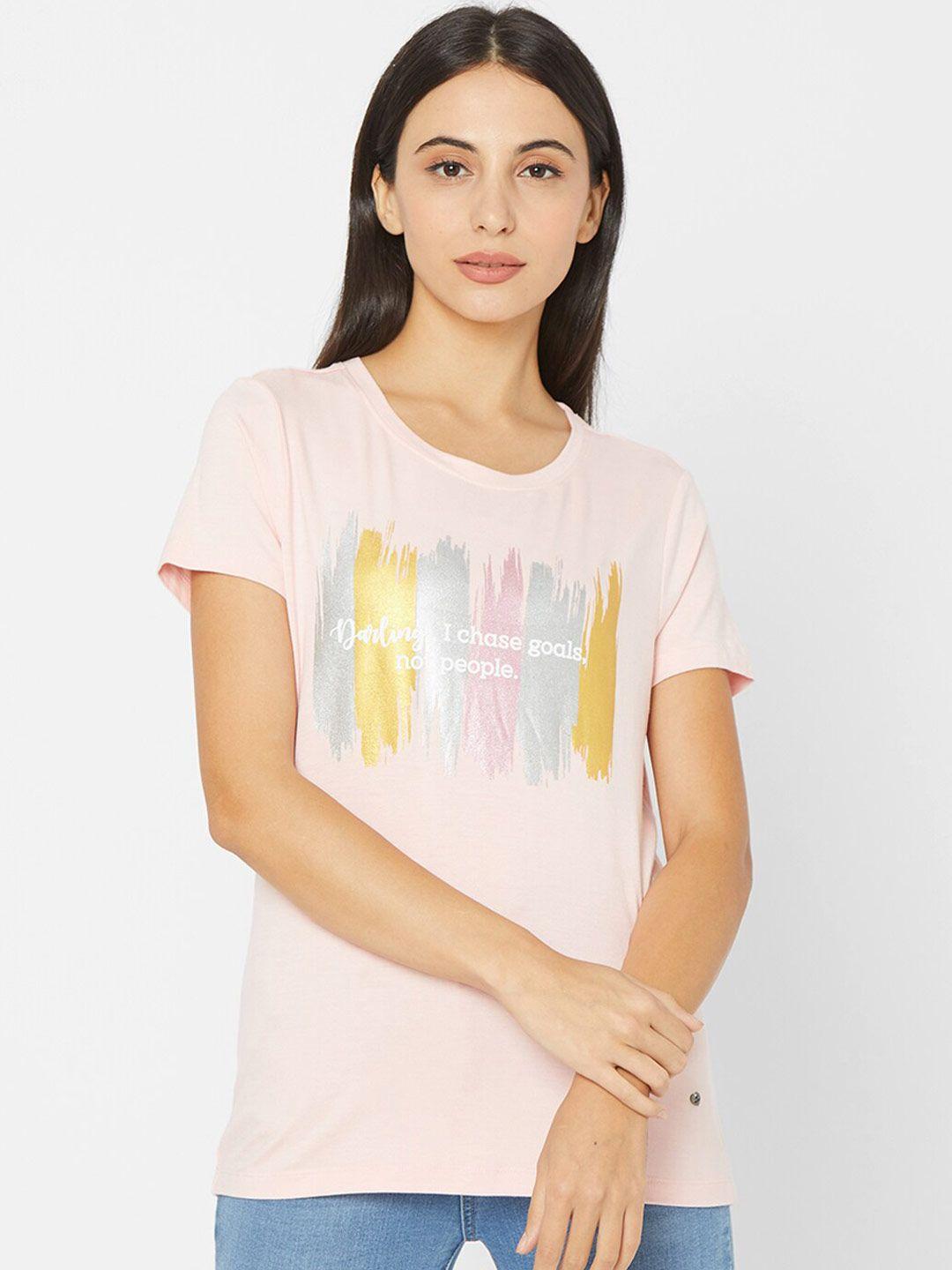 spykar women pink printed t-shirt