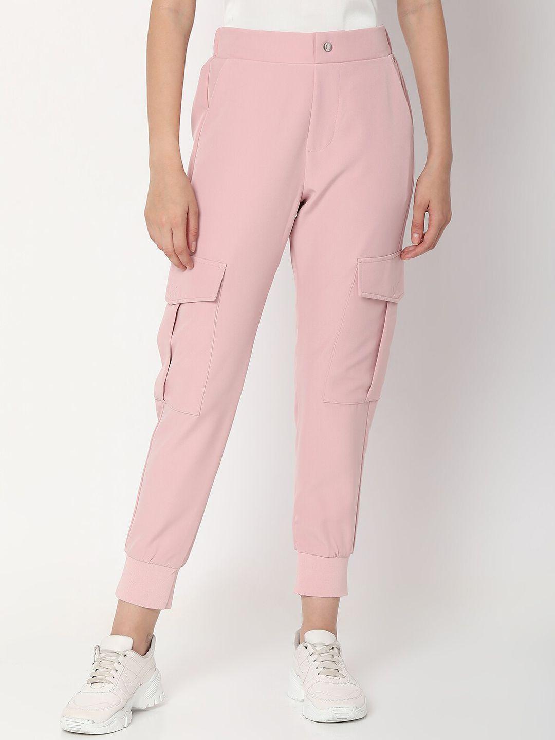 spykar women pink solid regular fit cotton joggers