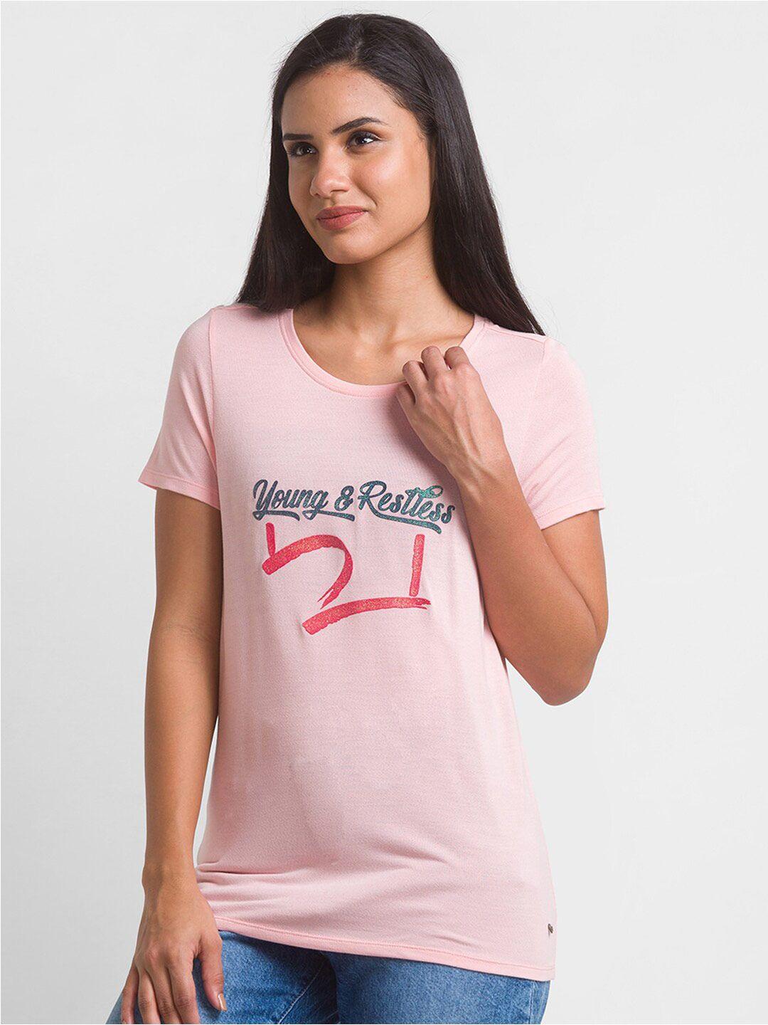 spykar women pink typography printed t-shirt