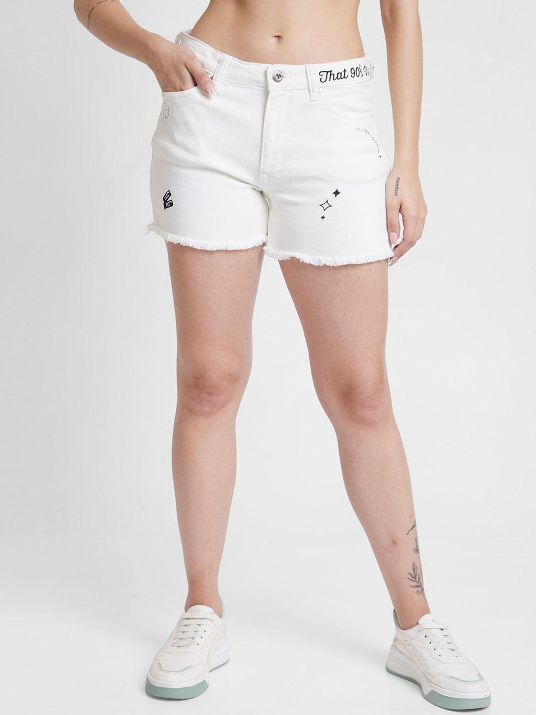 spykar women printed slim fit mid rise cotton denim shorts