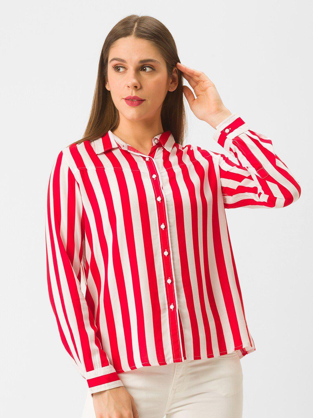 spykar women red classic slim fit striped cotton casual shirt
