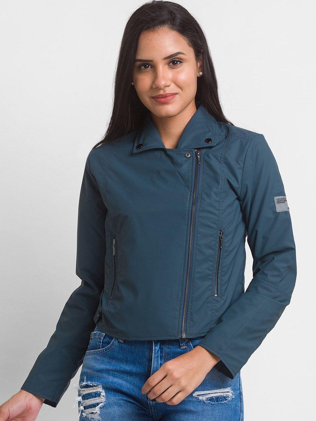 spykar women teal blue crop tailored jacket