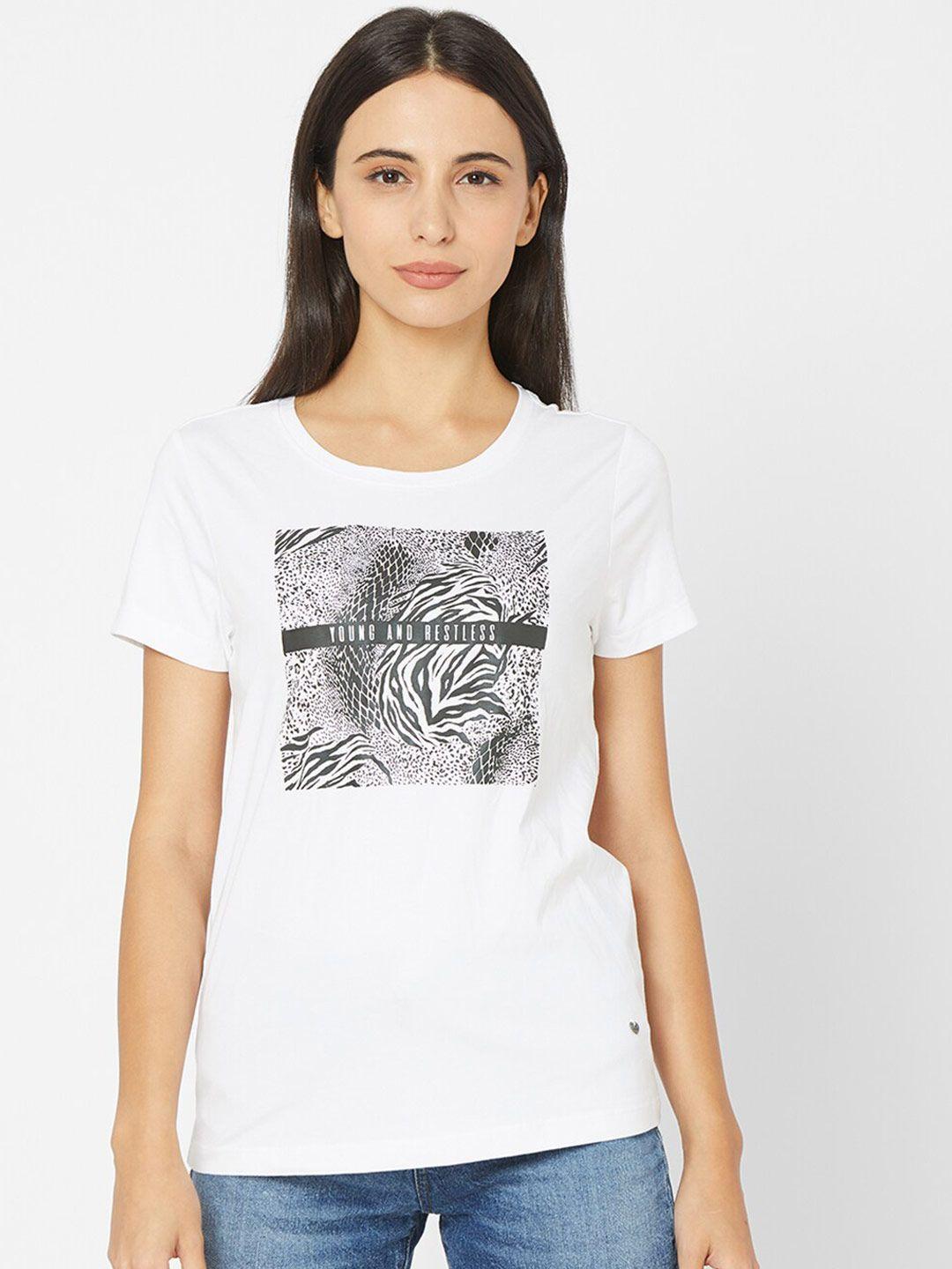 spykar women white printed t-shirt