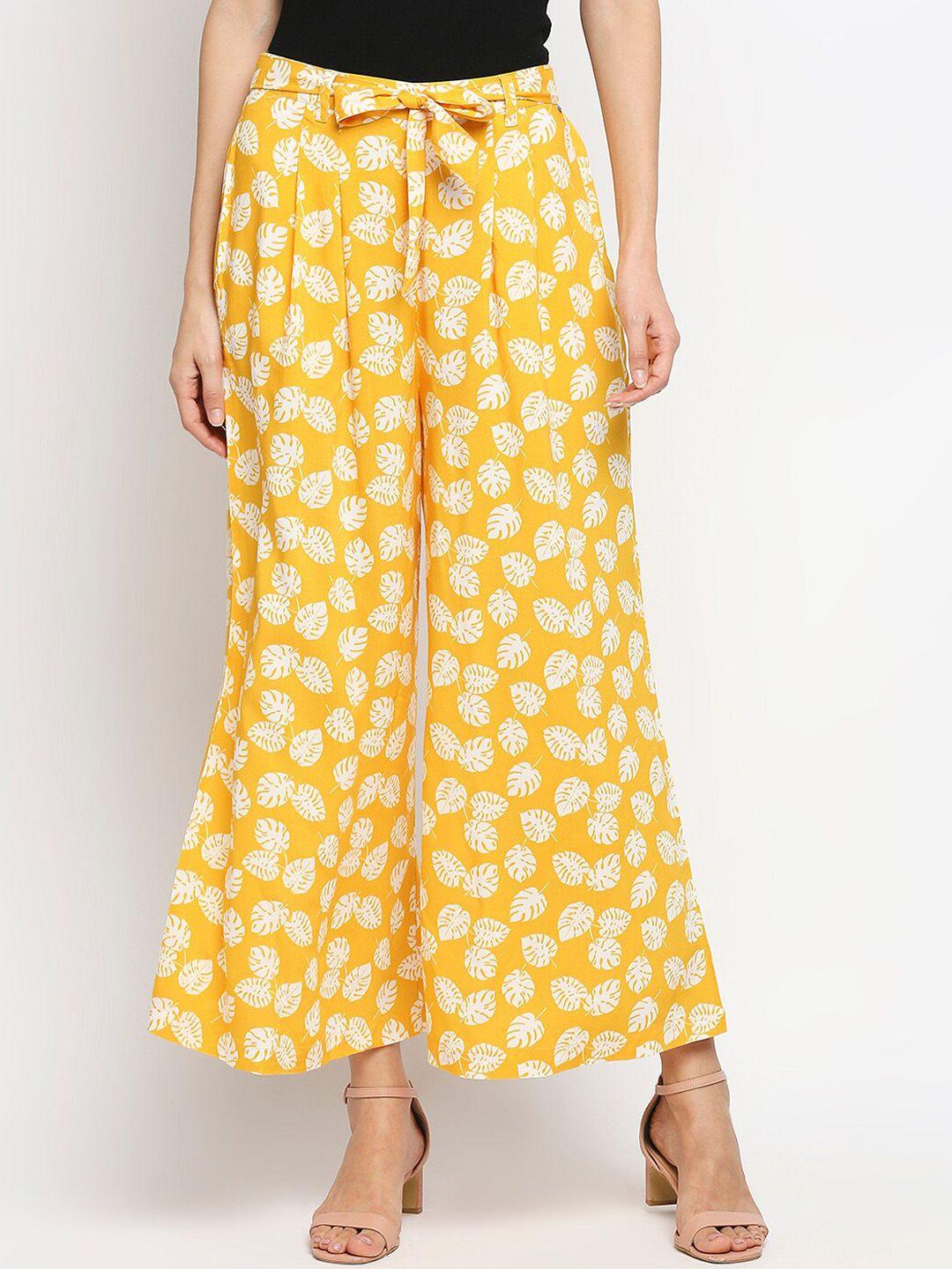 spykar women yellow & white printed flared low-rise pleated trousers