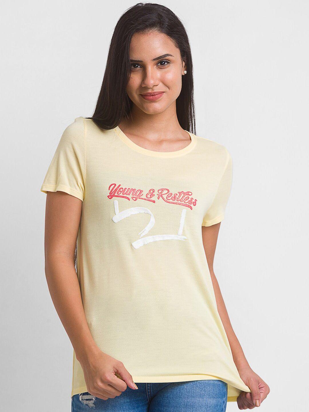 spykar women yellow typography printed t-shirt