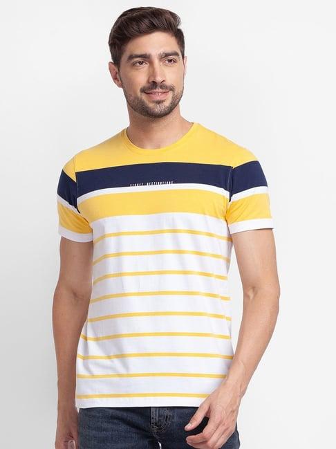 spykar yellow cotton slim fit striped t-shirt