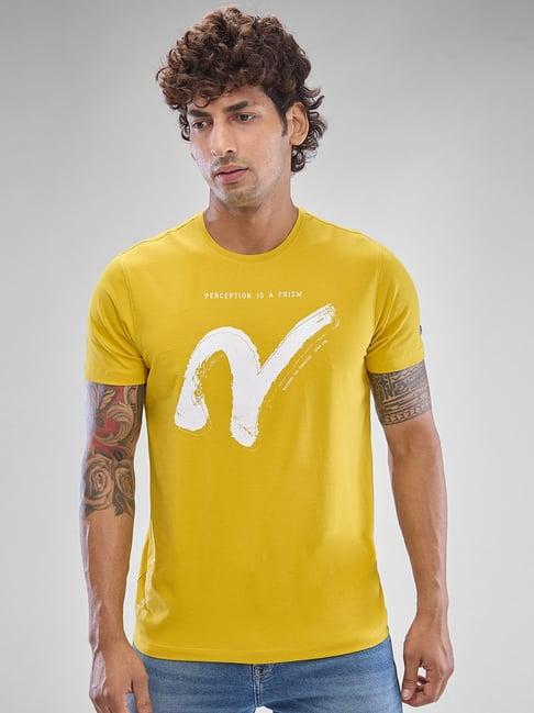 spykar yellow slim fit printed t-shirt