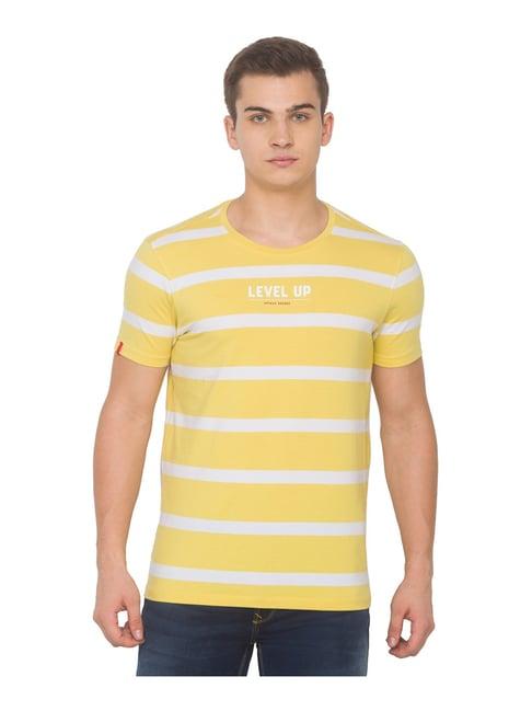 spykar yellow slim fit striped t-shirt