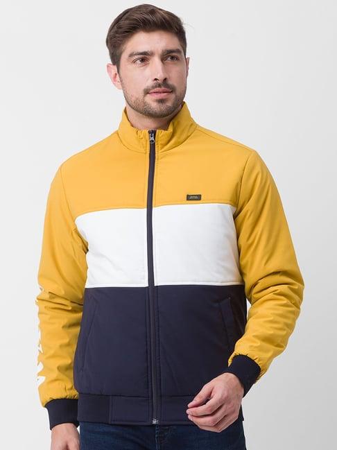 spykar yellow straight fit colour block jacket