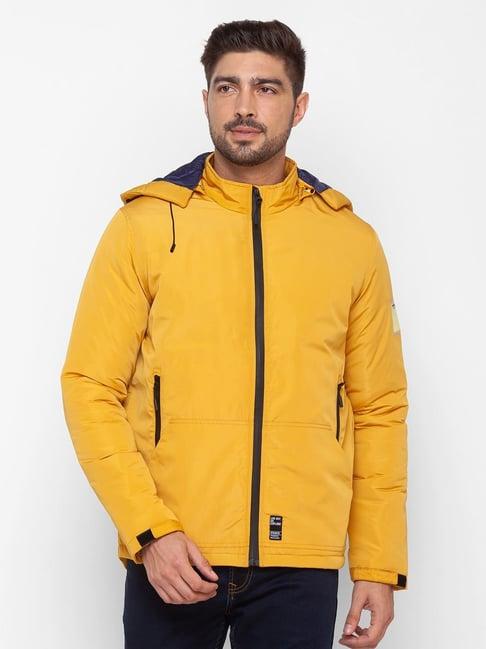 spykar yellow straight fit hooded jacket