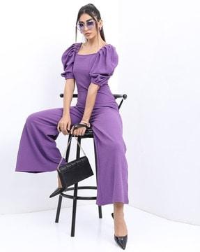 sqaure-neck jumpsuit with puff sleeves