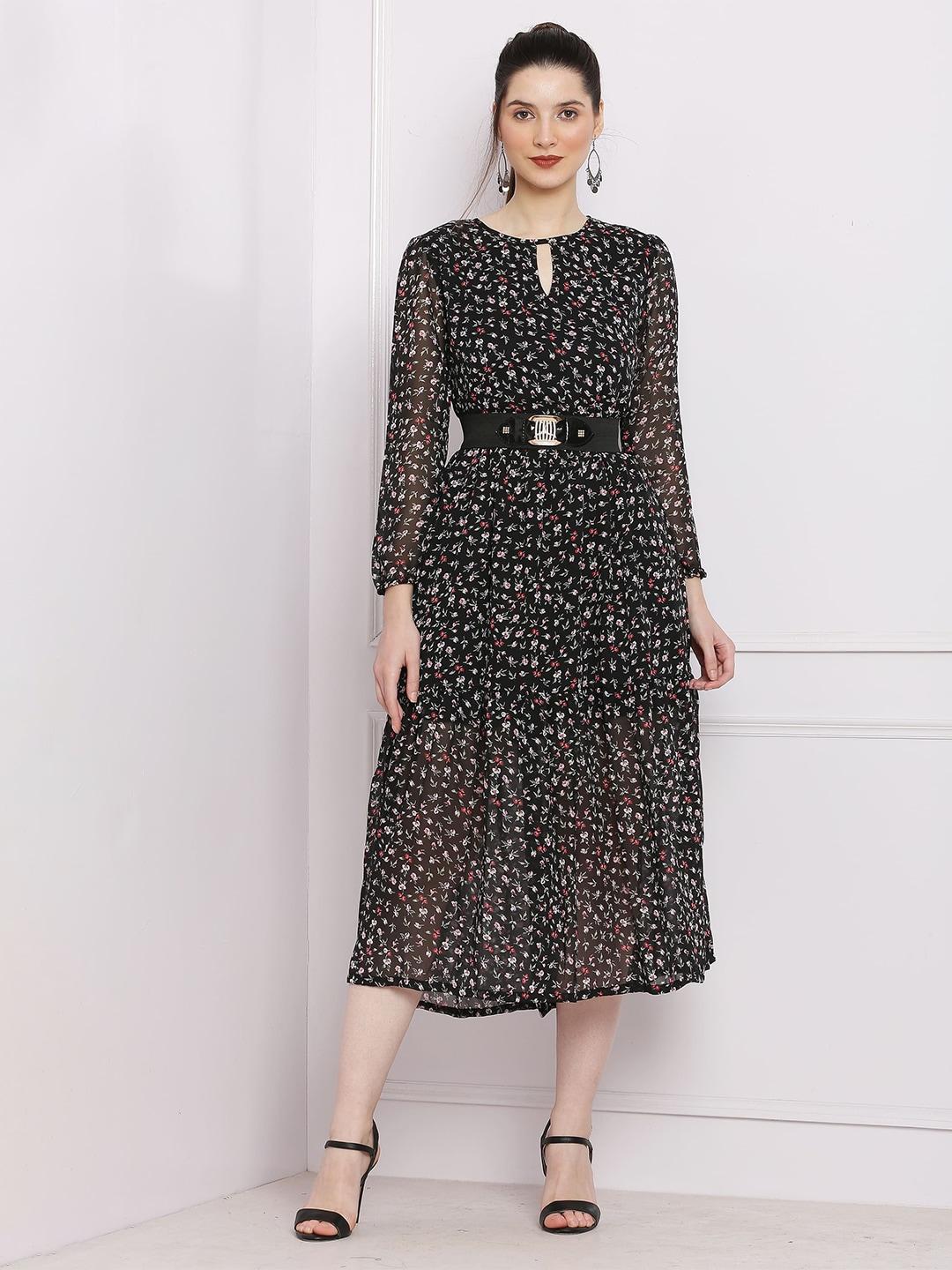 sqew floral printed keyhole neck fit and flare midi dress