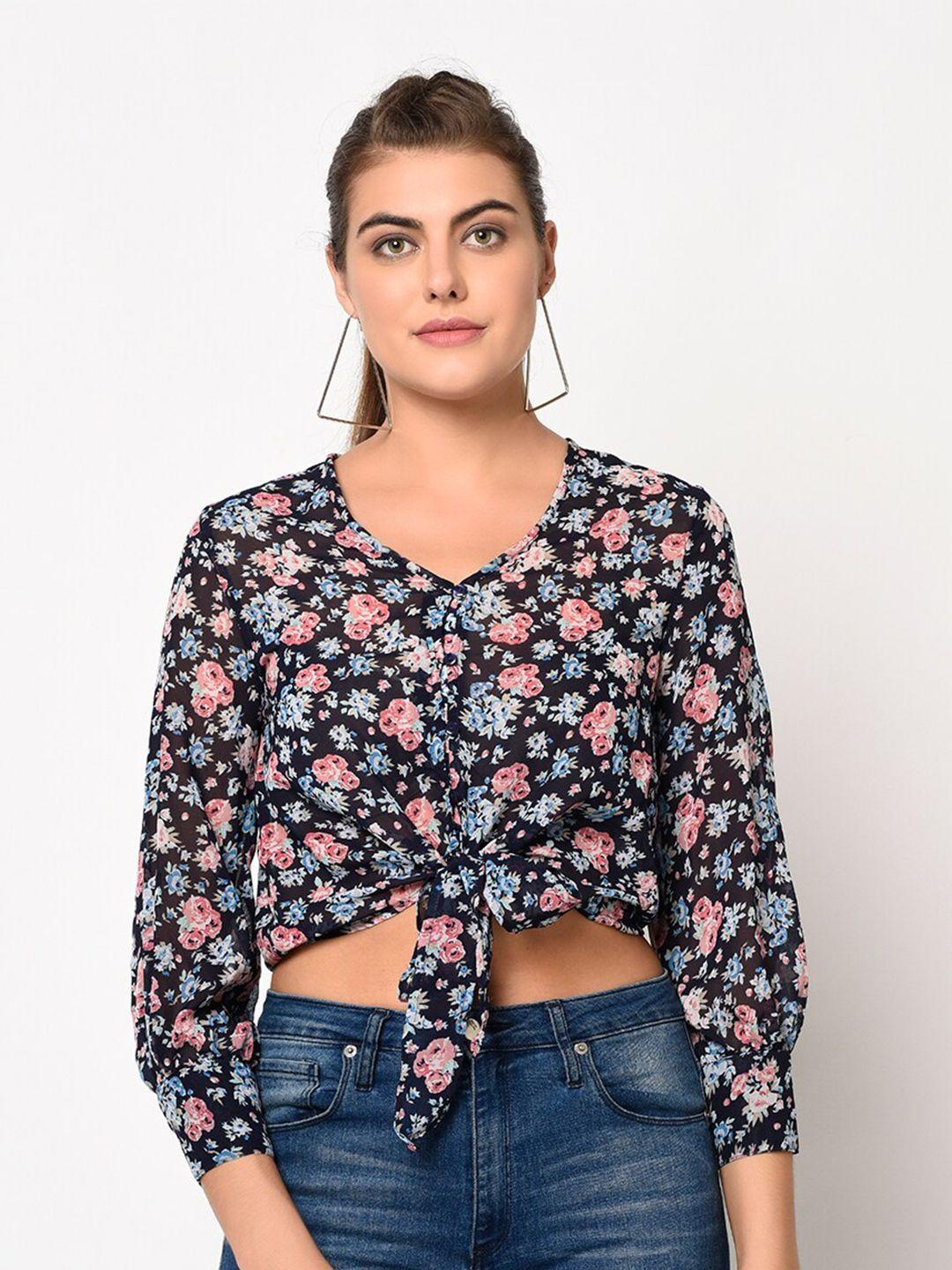 sqew black & blue floral shirt style crop top