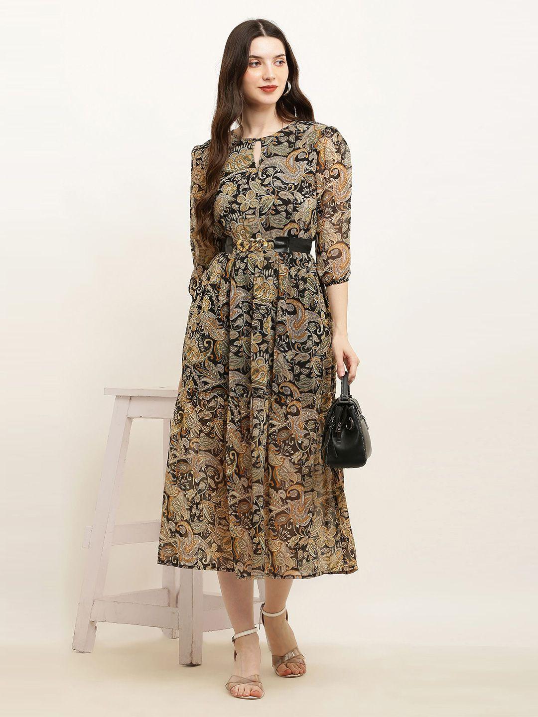 sqew black ethnic motifs print tie-up neck a-line midi dress