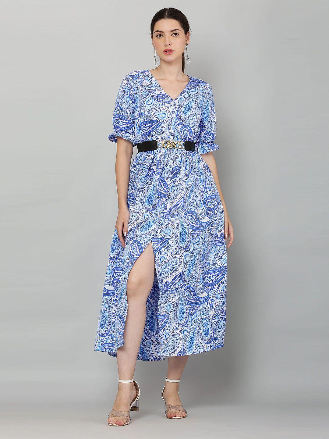 sqew blue ethnic motifs print a-line midi dress