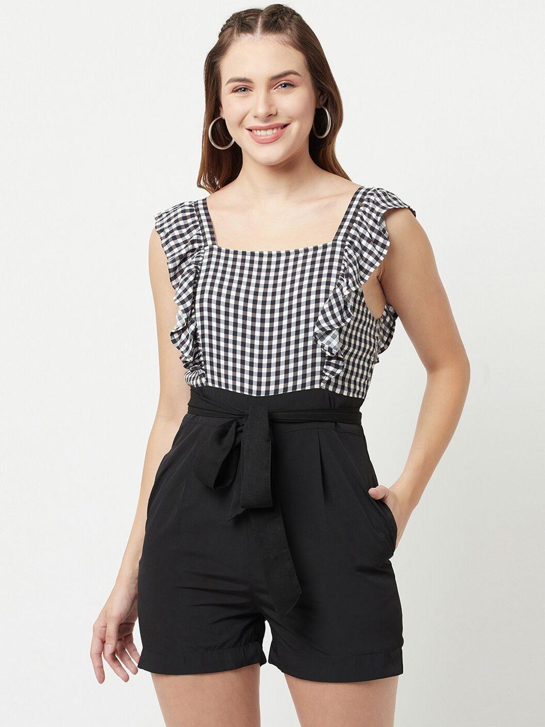 sqew checked square neck waist tie-ups playsuit jumpsuit