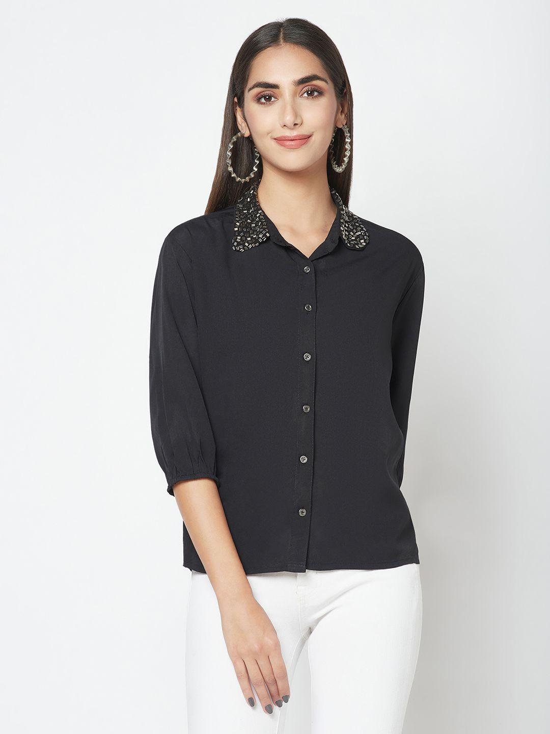 sqew embellished spread collar opaque casual shirt