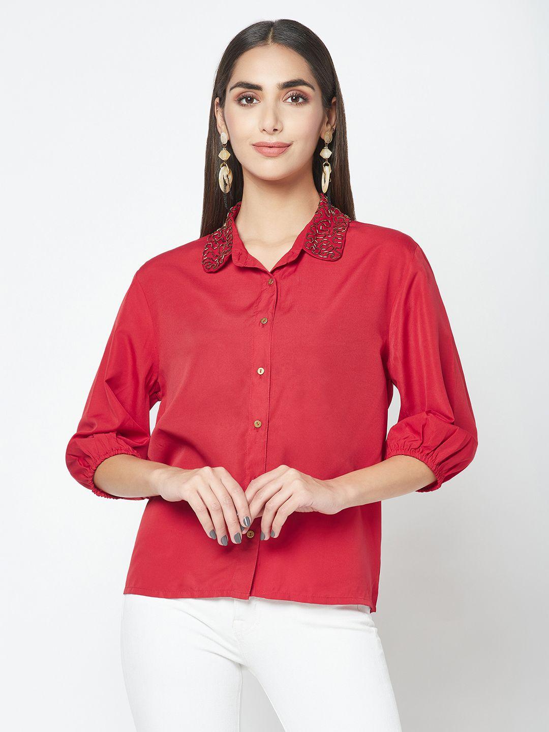 sqew embellished spread collar opaque casual shirt