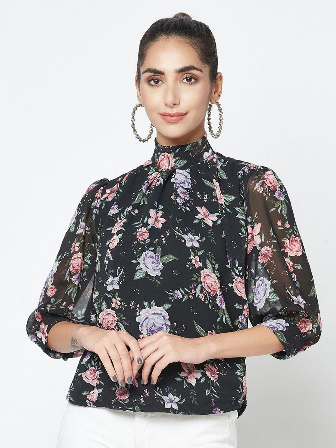 sqew floral printed high neck puffed sleeves top