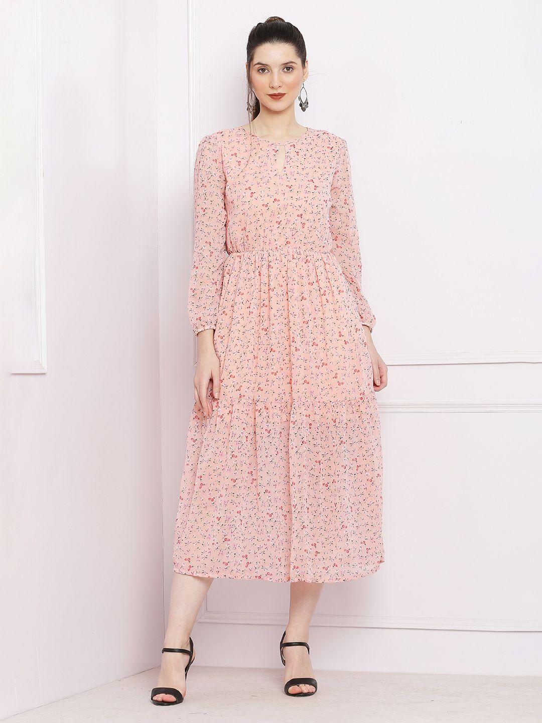 sqew floral printed keyhole neck gathered tiered fit & flare midi dress
