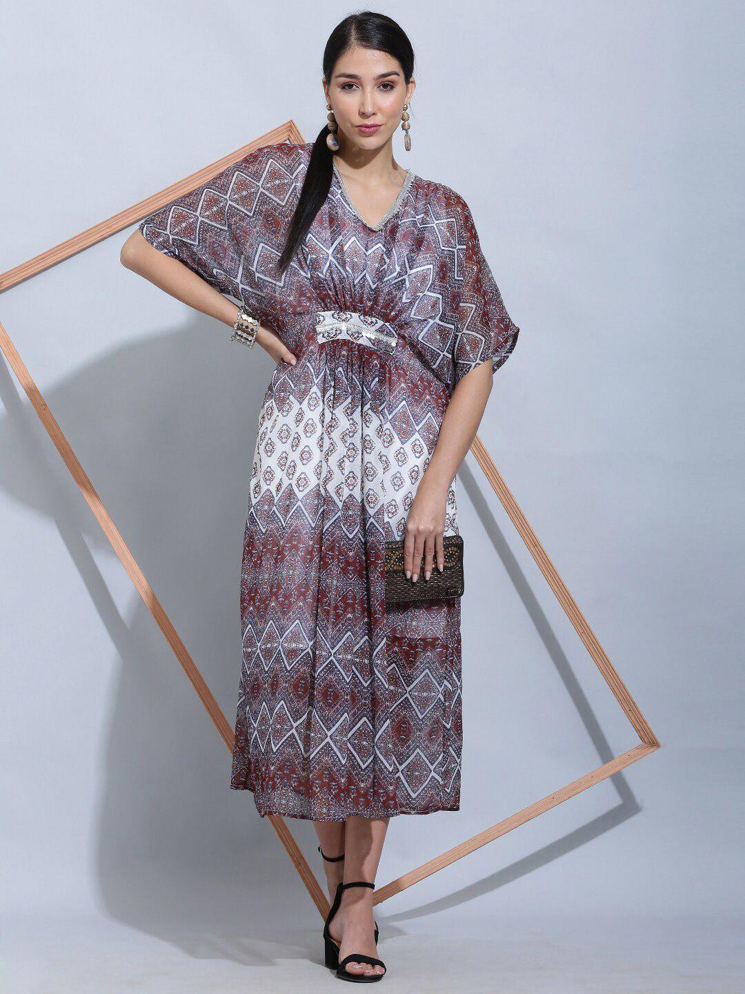 sqew geometric printed kimono sleeves lace up kaftan midi dress