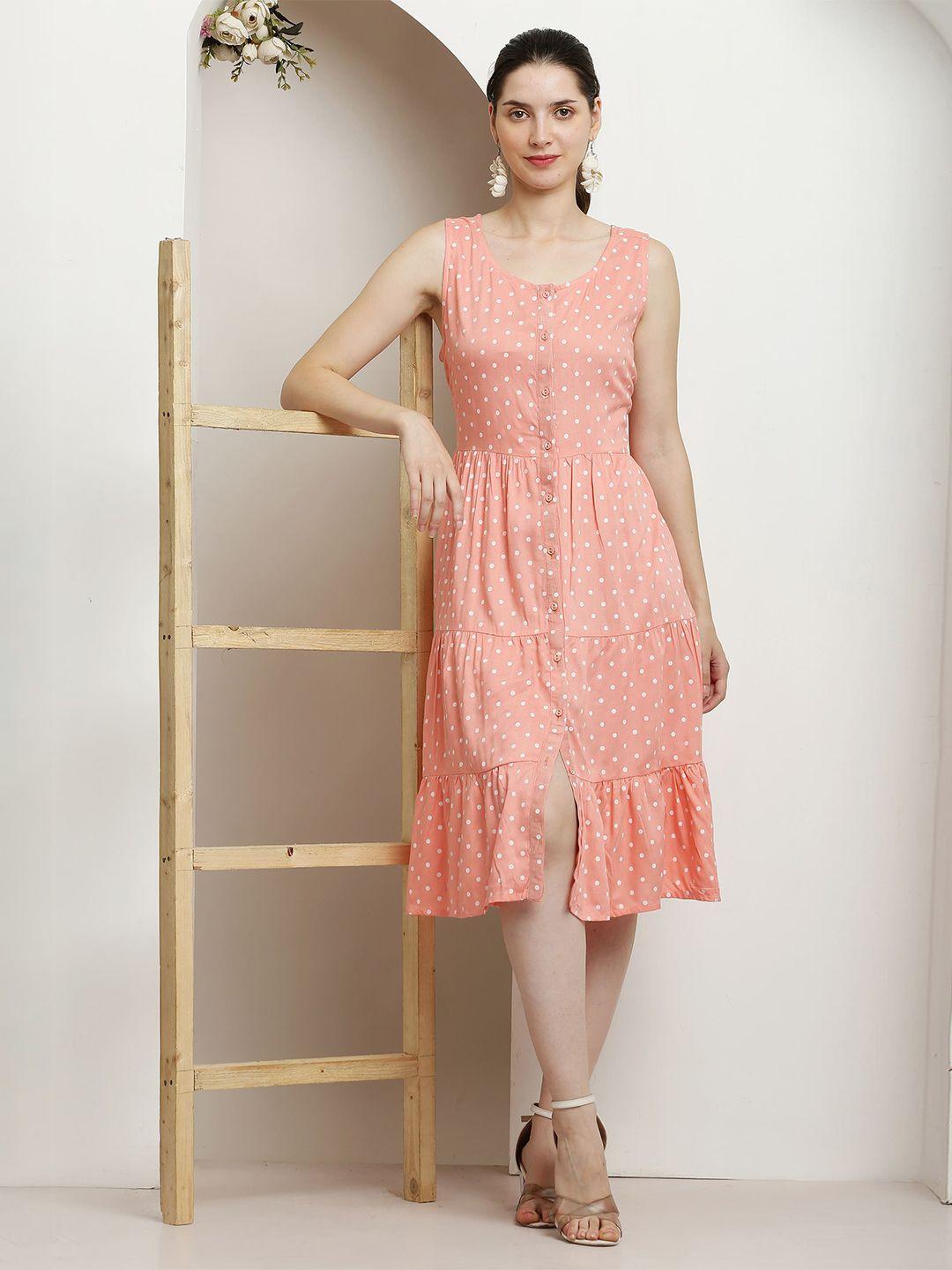 sqew red polka dot printed round neck sleeveless gathered a-line dress