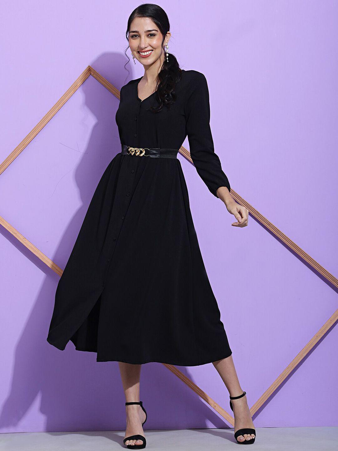 sqew v-neck puff sleeves a-line midi dress