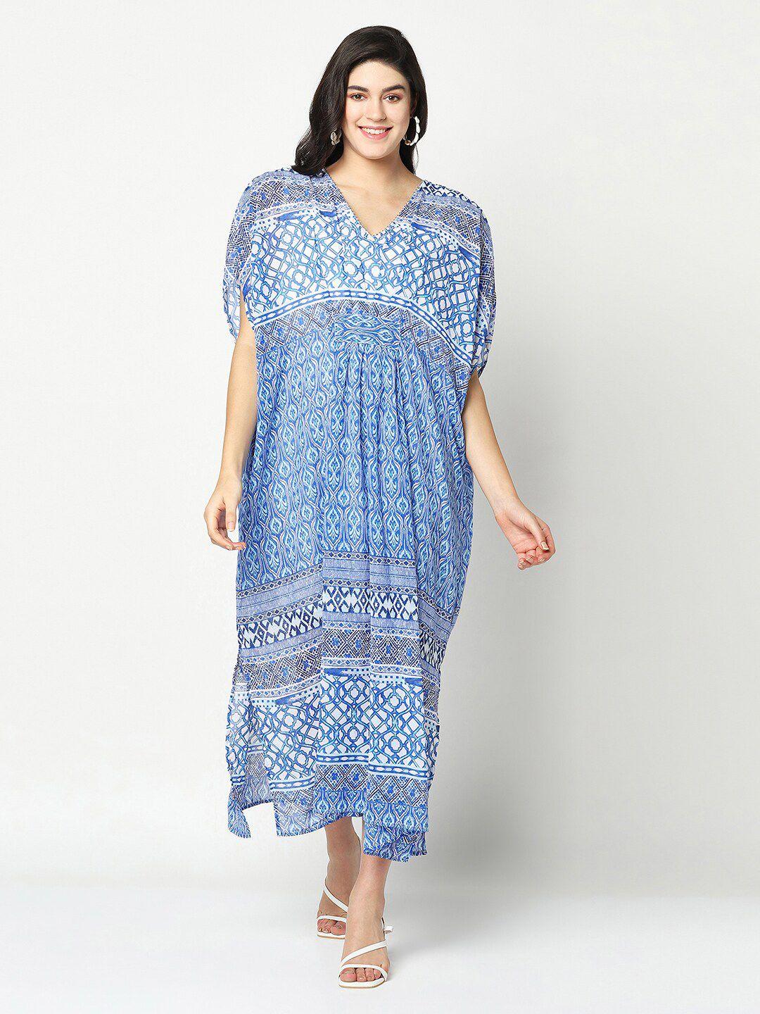 sqew women blue & white ethnic motifs polyester kaftan dress