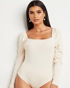 square-neck bodysuit with puff sleeves