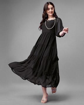 square-neck tiered dress with puff sleeves