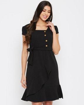 square-neck a-line dress with belt