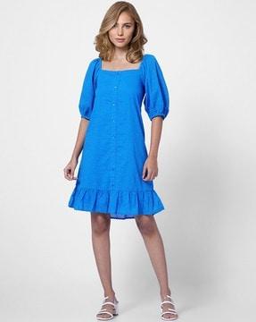 square-neck a-line dress with ruffle accent