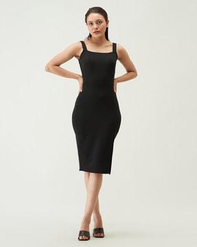 square-neck bodycon dress with front-slit