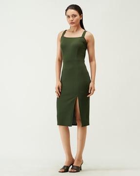 square-neck bodycon dress with front-slit