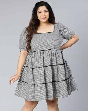 square neck checkered dress