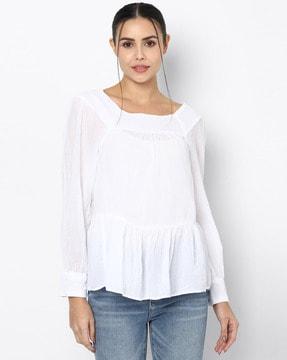 square-neck cotton top with pleated sleeves