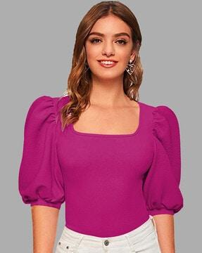 square-neck cuffed-sleeve top
