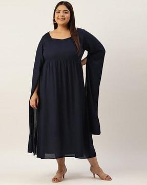 square-neck fit & flare dress with extended sleeves