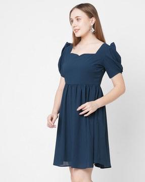 square-neck fit & flare dress with puff sleeves