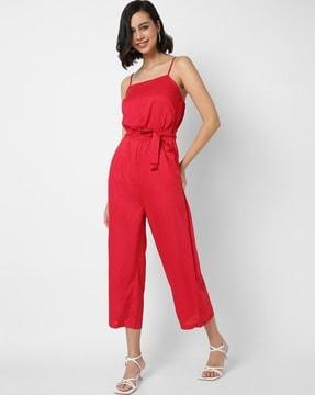 square-neck jumpsuit with strappy sleeves
