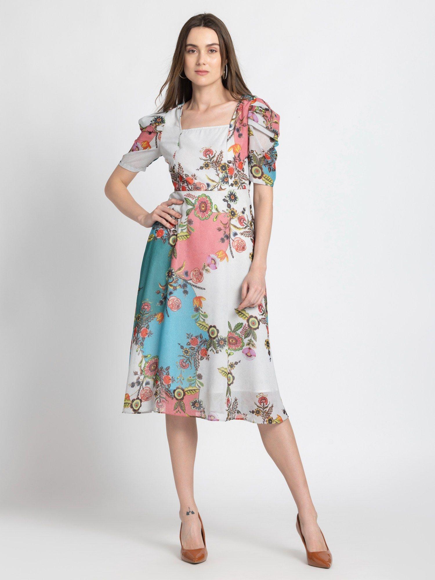 square neck multi color floral print half sleeves casual midi dress for women