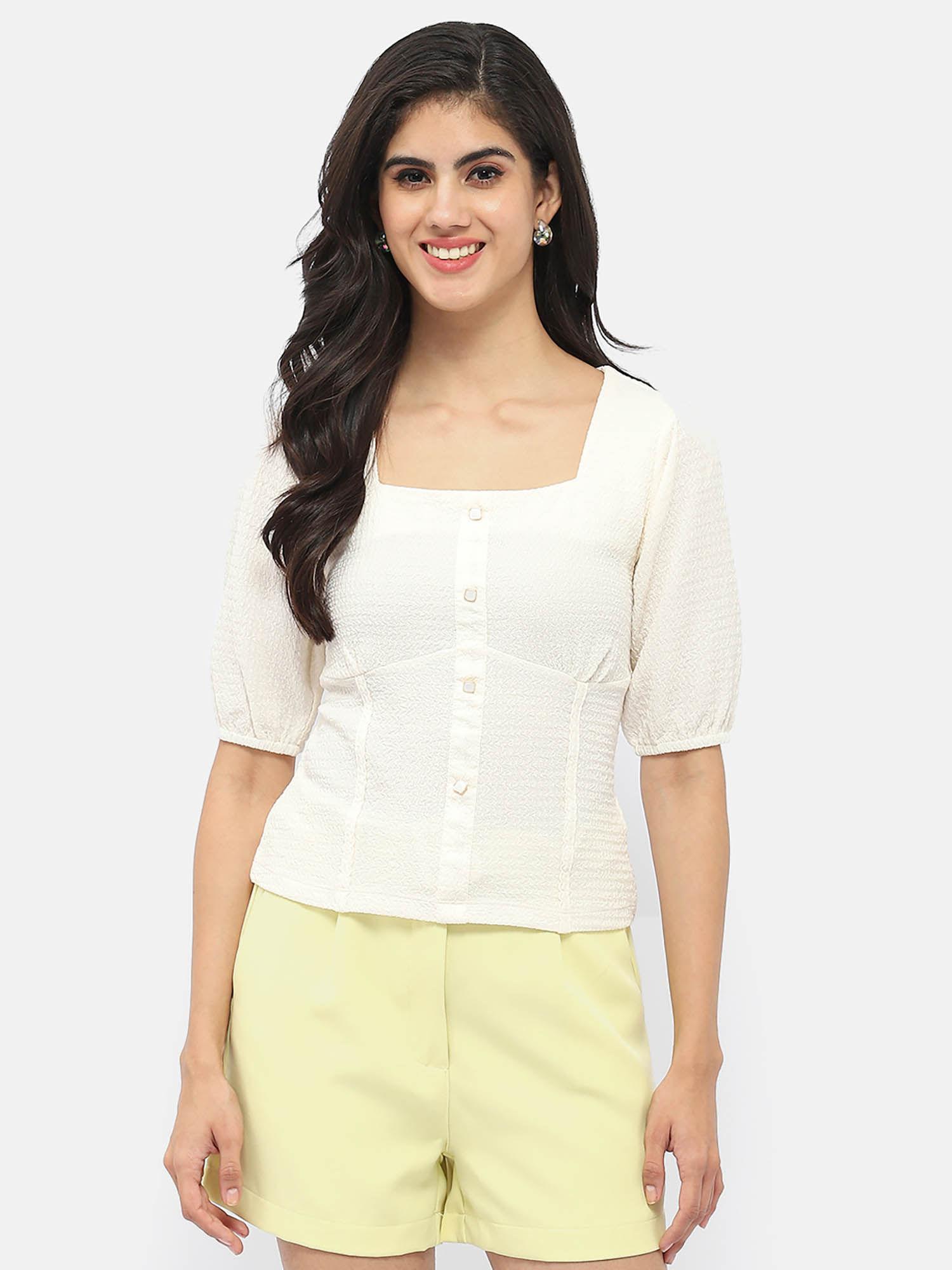 square neck off-white crinkled top