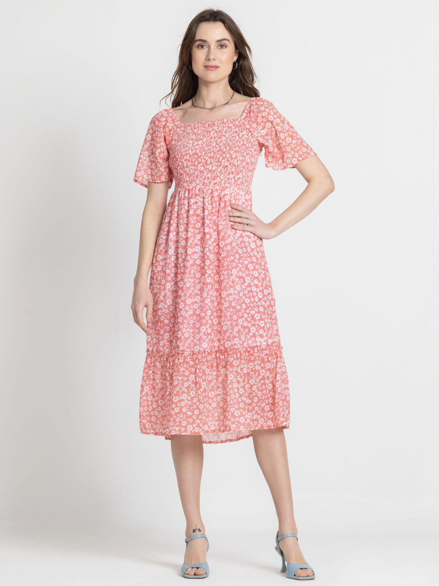 square neck peach floral print half sleeves casual midi dress for women