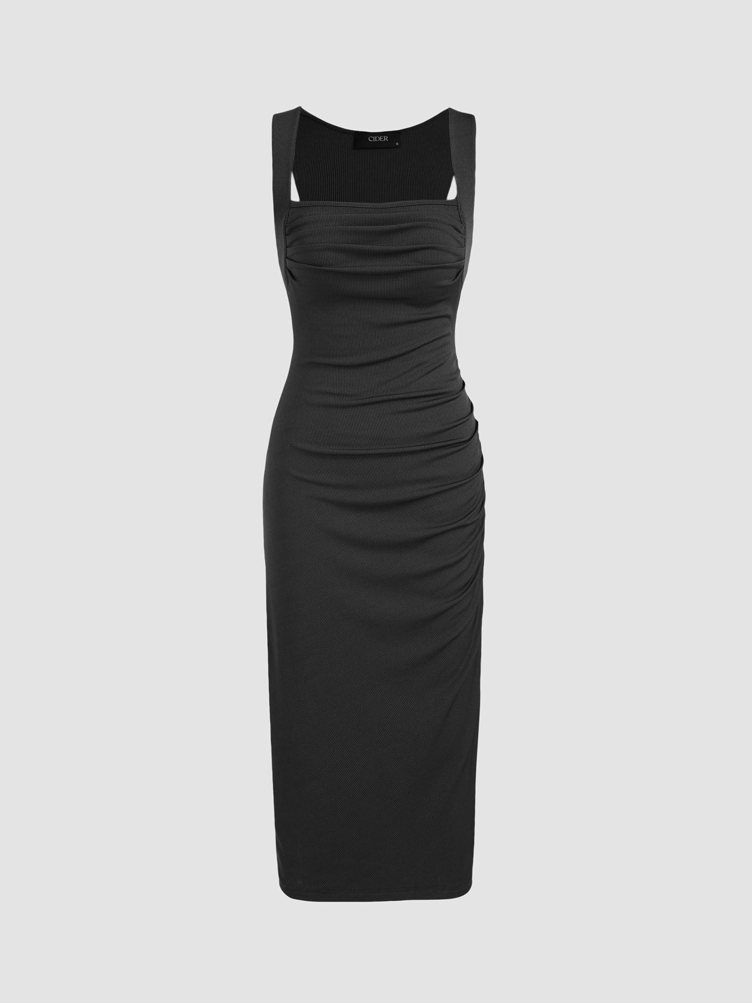 square neck ruched sleeveless midi dress