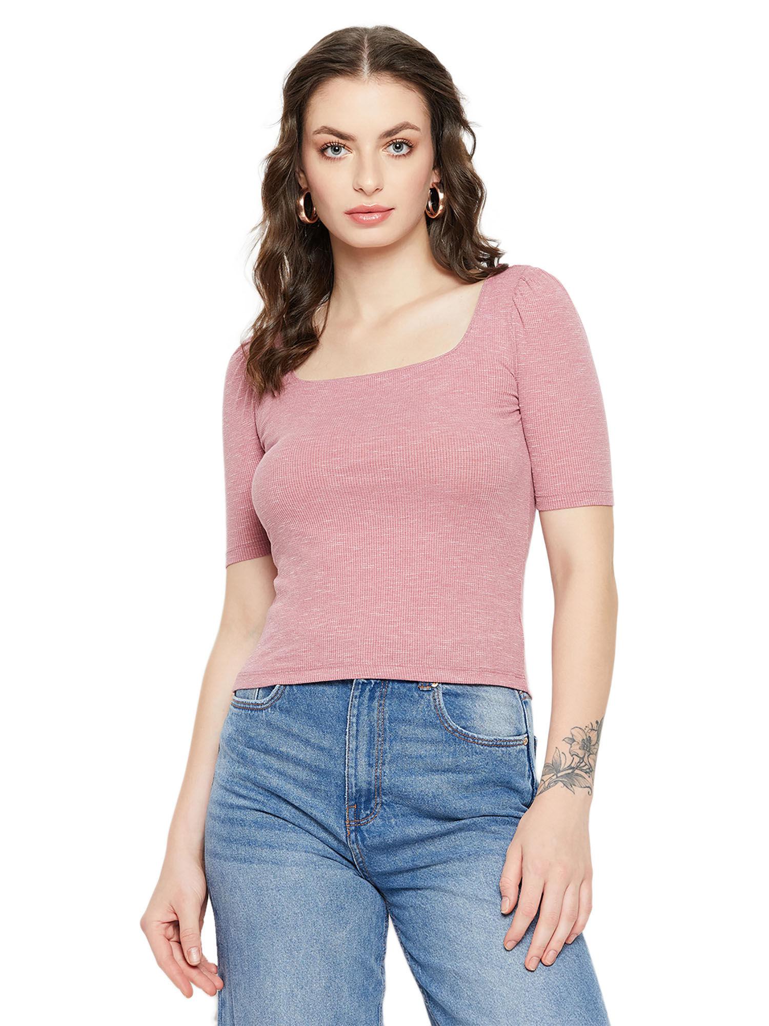 square neck solid pink women top