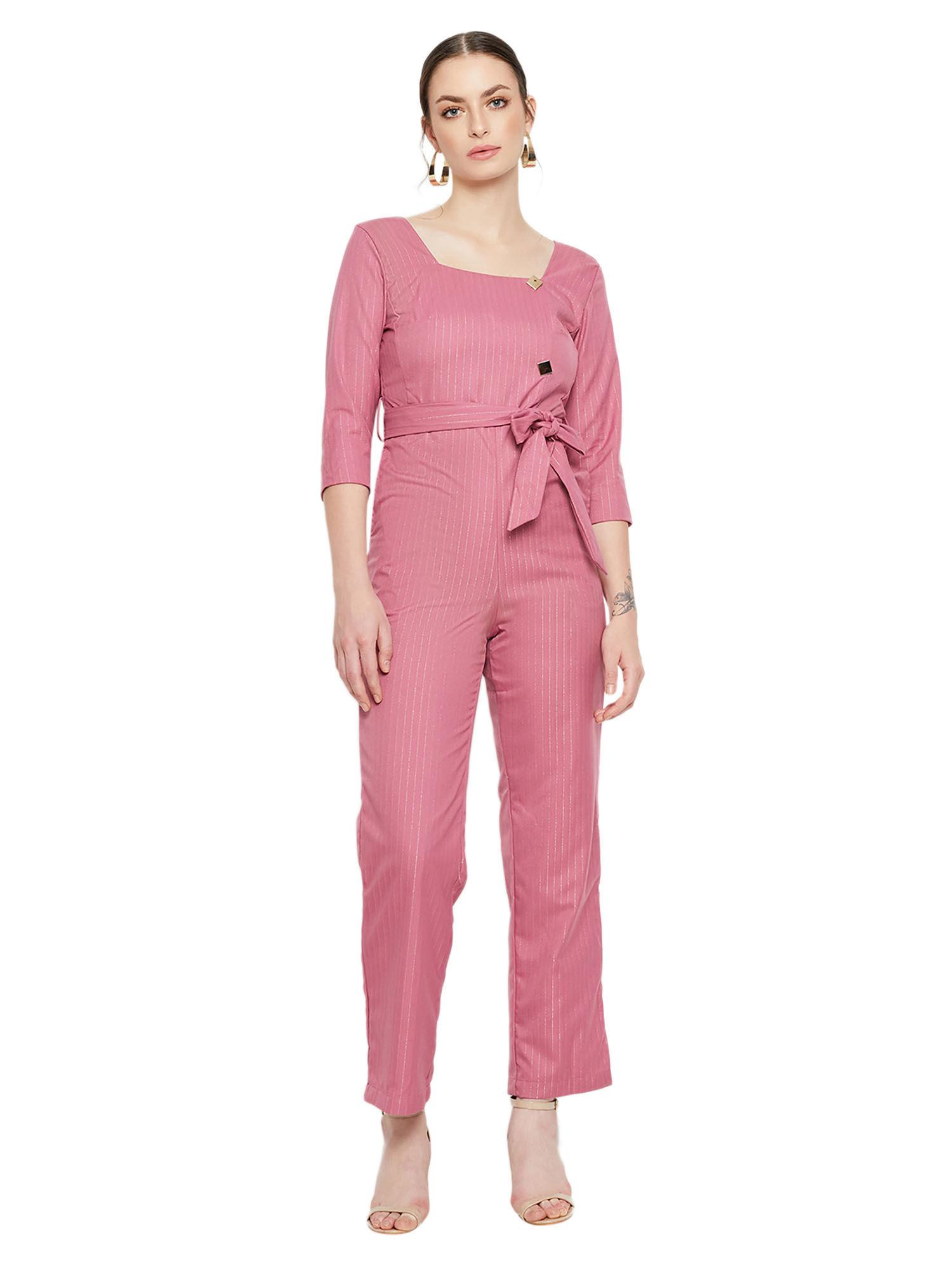 square neck straight pink jumpsuits for women (set of 2)