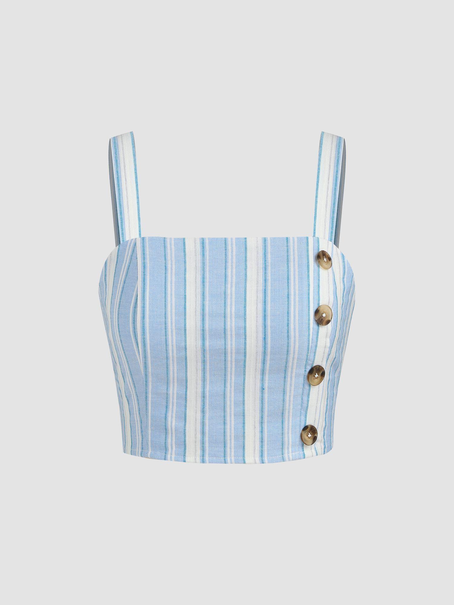 square neck striped button crop top