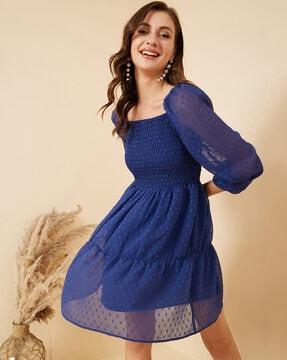 square-neck tiered dress with puff sleeves